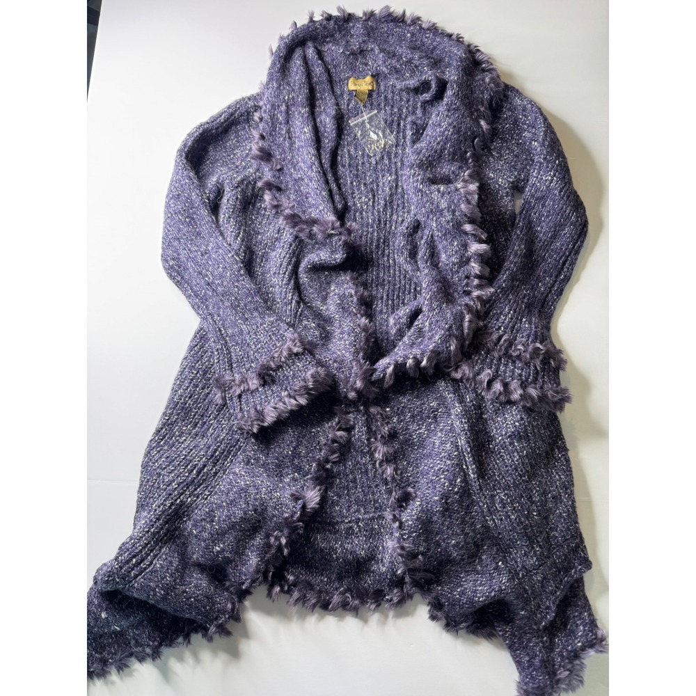 Midnight Velvet Purple Marl Faux Fur Trim Open Front Cardigan Sweater M Womens